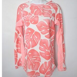 Coolies Womens Rash Guard XL Pink White Monstera Tropical Long Sleeve Swim Top